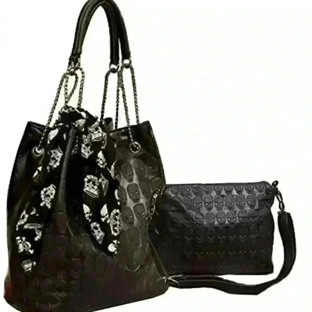 Womens Skull Print PU Leather Hobo Tote Shoulder Bag Package​
